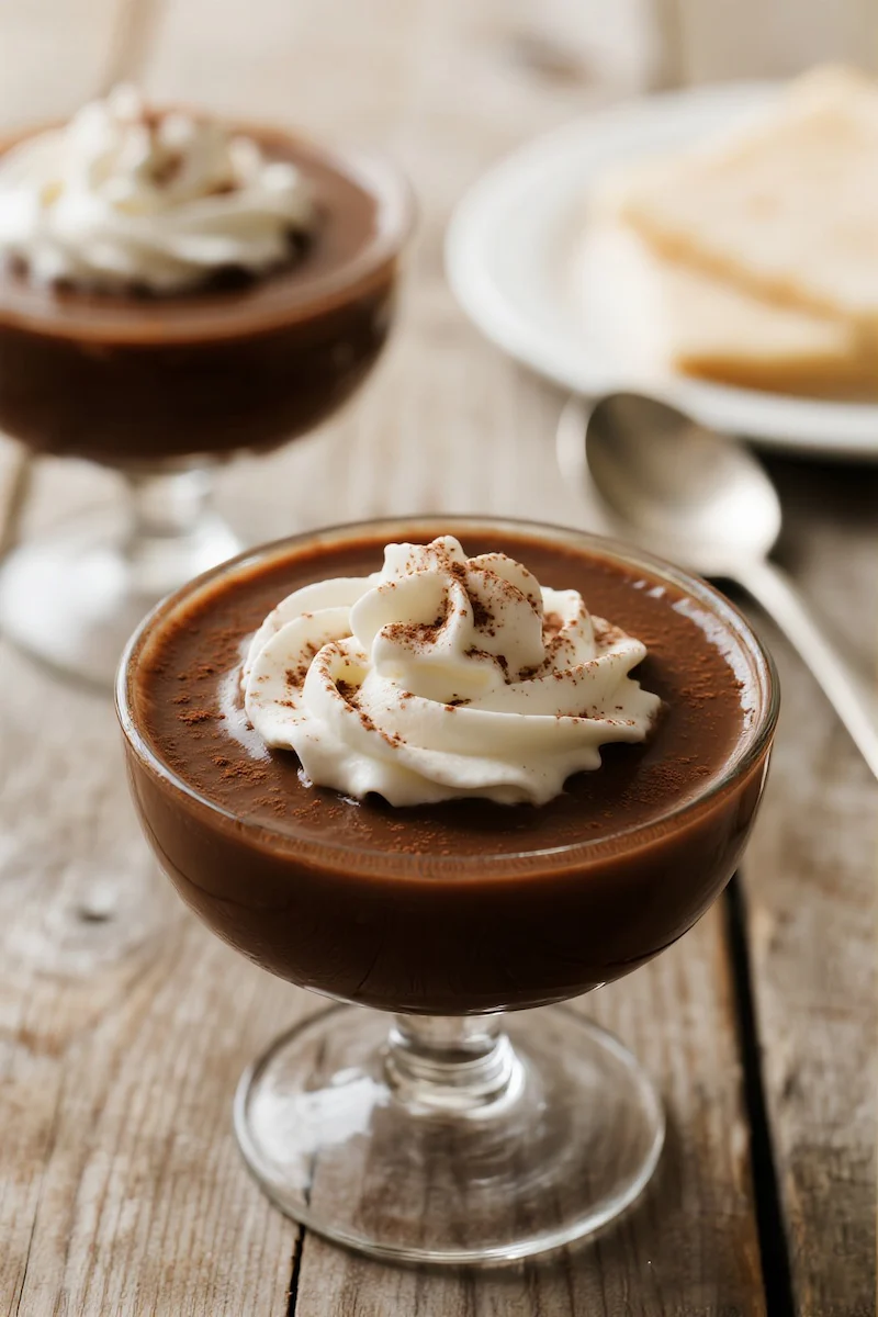 Coffee Budino: The Silky, Make-Ahead Dessert You Need to Try 4 Silky coffee budino in elegant glass cups, crowned with fluffy whipped cream and a dusting of cocoa — rich, smooth, and ready to indulge.