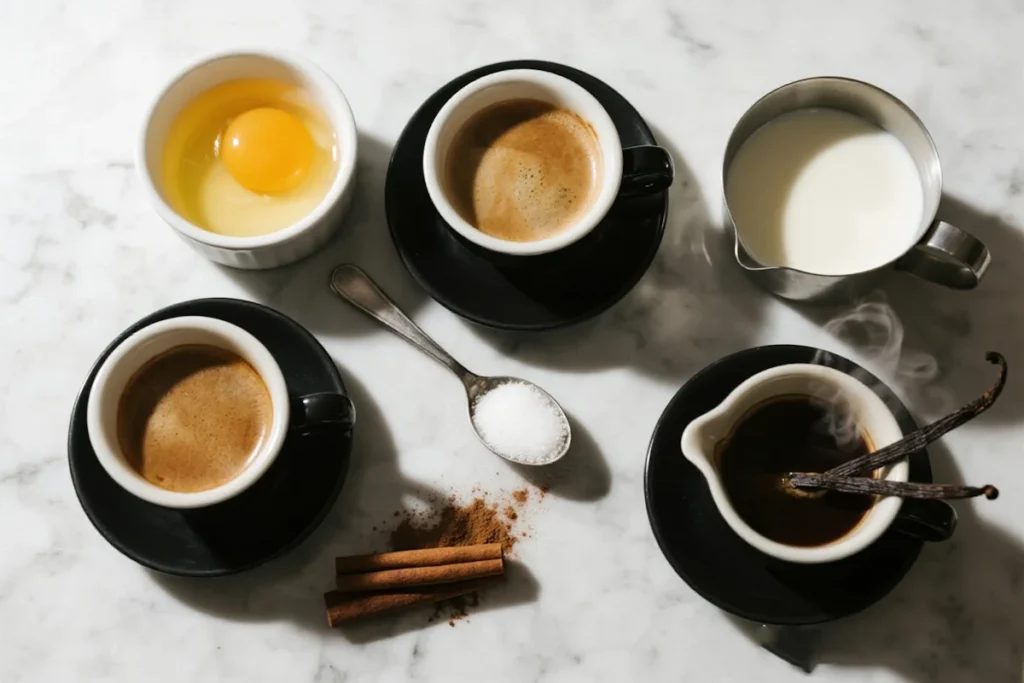 Coffee Budino: The Silky, Make-Ahead Dessert You Need to Try 6 A beautifully styled flat lay of coffee budino ingredients: steaming espresso, rich egg yolk, creamy milk, vanilla bean, sugar, and cocoa powder — ready to transform into a silky, indulgent dessert.