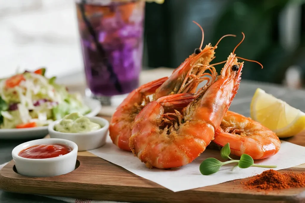Crispy Fried Argentine Red Shrimp Recipe 7 Golden-brown crispy fried Argentine red shrimp on a wooden board with lemon wedge, microgreens, and dipping sauces, served with coleslaw and a purple butterfly pea tea drink.