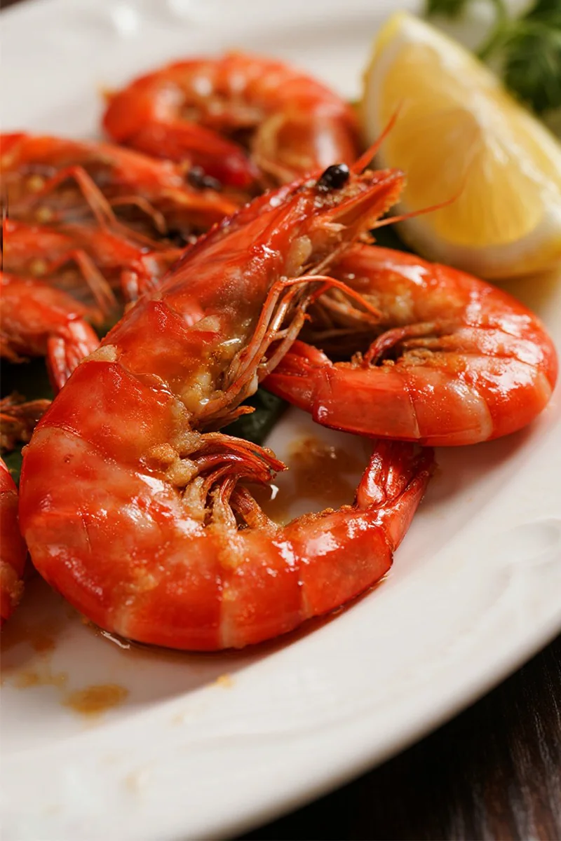 Crispy Fried Argentine Red Shrimp Recipe 4 Golden-brown Fried Argentine Red Shrimp Recipe on a white plate, garnished with lemon wedge and parsley, crispy, succulent, and ready to serve.
