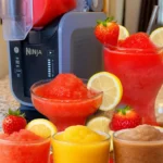 Ninja slushie recipes in action. blending vibrant red, yellow, and brown slushies with fresh fruit garnishes using a Ninja blender.