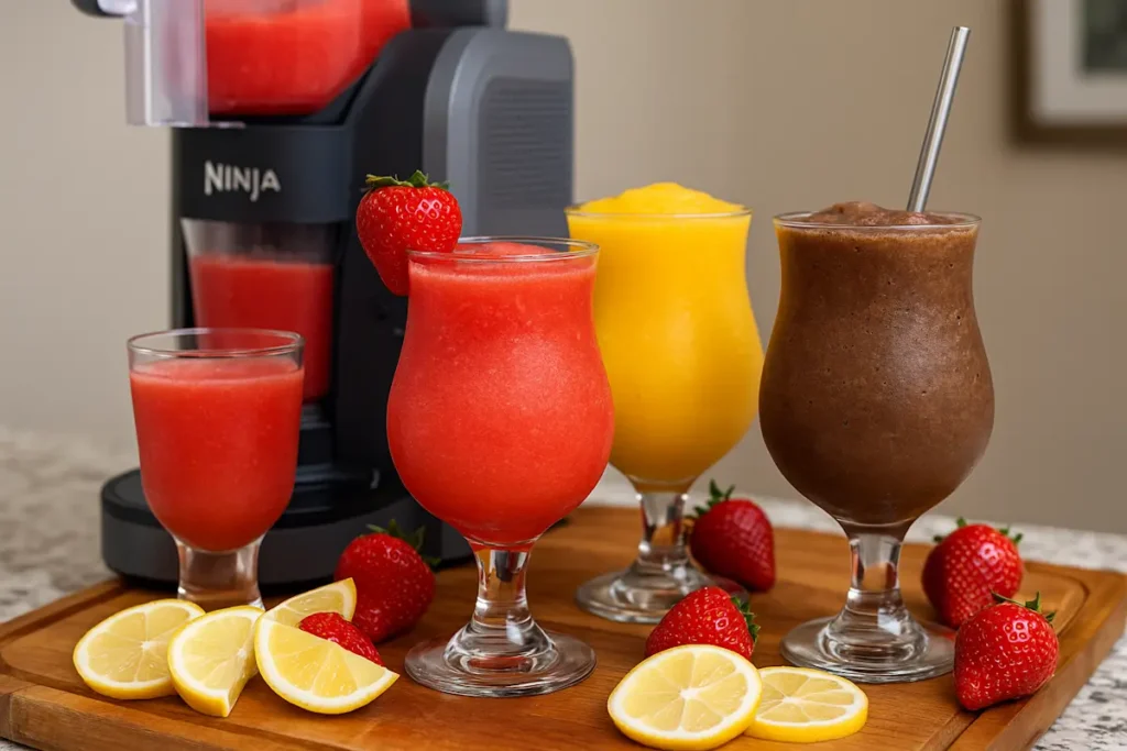 Ninja blender making colorful slushies. red, yellow, and brown drinks in glasses with fresh strawberries and lemon slices, showcasing Ninja Slushie Recipes.