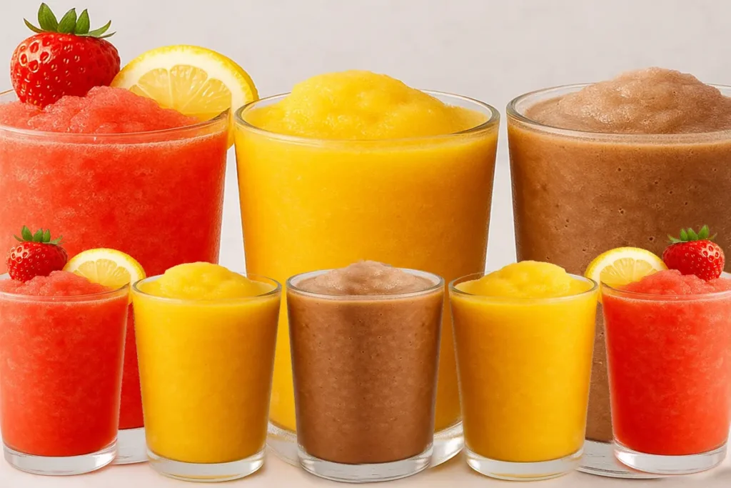 Colorful Ninja slushie recipes in glasses . red, yellow, and brown frozen drinks garnished with fresh strawberries and lemon slices, showcasing vibrant homemade slushies.