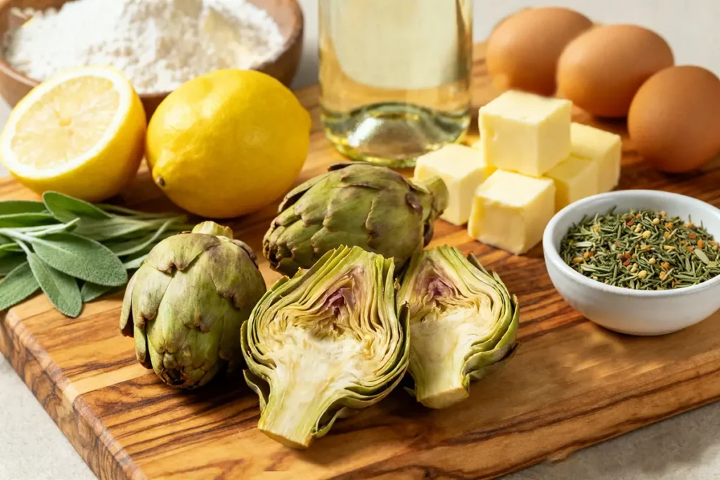 Classic Artichoke Francese: The Ultimate Guide to the Elegant Italian-American Dish 7 Artichoke Francese ingredients including fresh artichokes, lemons, eggs, flour, butter, herbs, and white wine, on a wooden board.