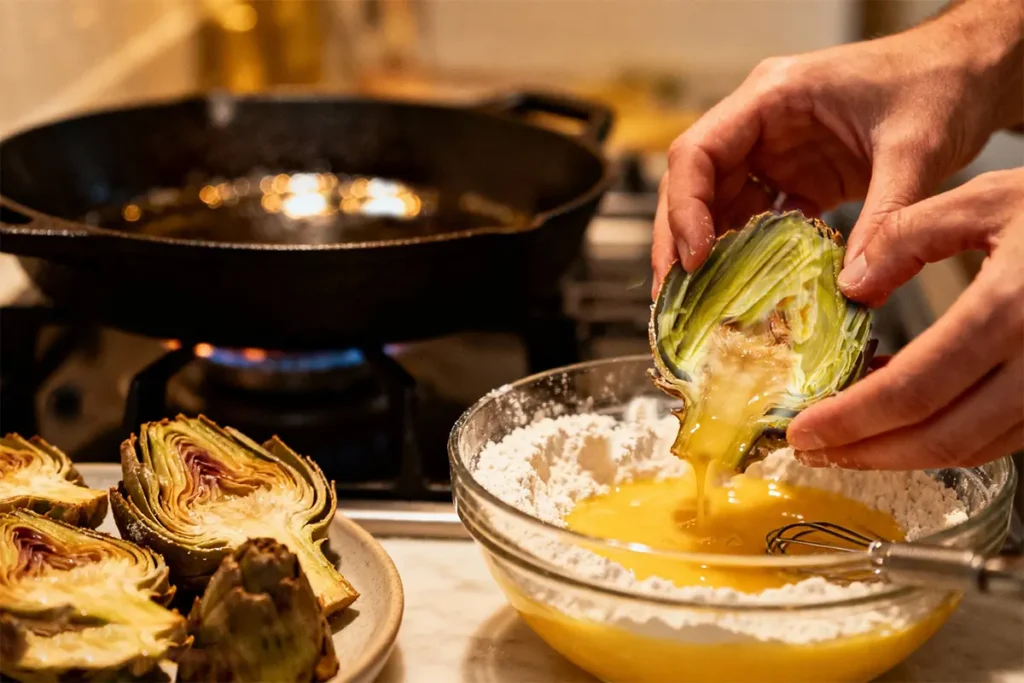 Classic Artichoke Francese: The Ultimate Guide to the Elegant Italian-American Dish 6 Artichoke Francese technique: dipping halved artichoke into egg batter before pan frying.