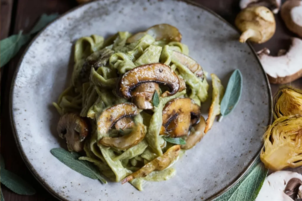 Creamy Mushroom Artichoke Pasta: The Perfect 30-Minute Weeknight Dinner 7 Creamy mushroom artichoke pasta plated on a rustic ceramic dish with sautéed mushrooms and artichoke hearts.