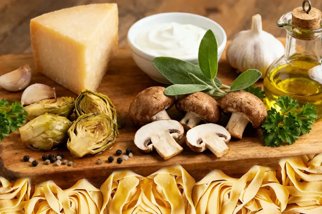 Creamy Mushroom Artichoke Pasta: The Perfect 30-Minute Weeknight Dinner 6 Creamy mushroom artichoke pasta ingredients including fresh cremini mushrooms, marinated artichoke hearts, Parmesan cheese wedge, garlic cloves, fresh sage and parsley, heavy cream, olive oil, and uncooked pasta on a wooden board.