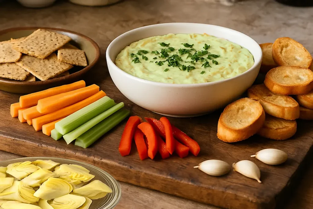 Best Gluten-Free Artichoke Dip Recipe: Creamy, Cheesy, and Perfect for Parties 6 All the fresh, gluten-free ingredients you need for classic artichoke dip—displayed with colorful dippers and toasts for easy party prep.