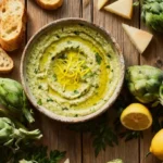 Lemon Artichoke Pesto: A Bright, Zesty Pesto Recipe That Goes Beyond Basil 5 Lemon artichoke pesto in a rustic bowl, topped with lemon zest, surrounded by artichokes, lemon halves, Parmesan cheese, parsley, and crostini.