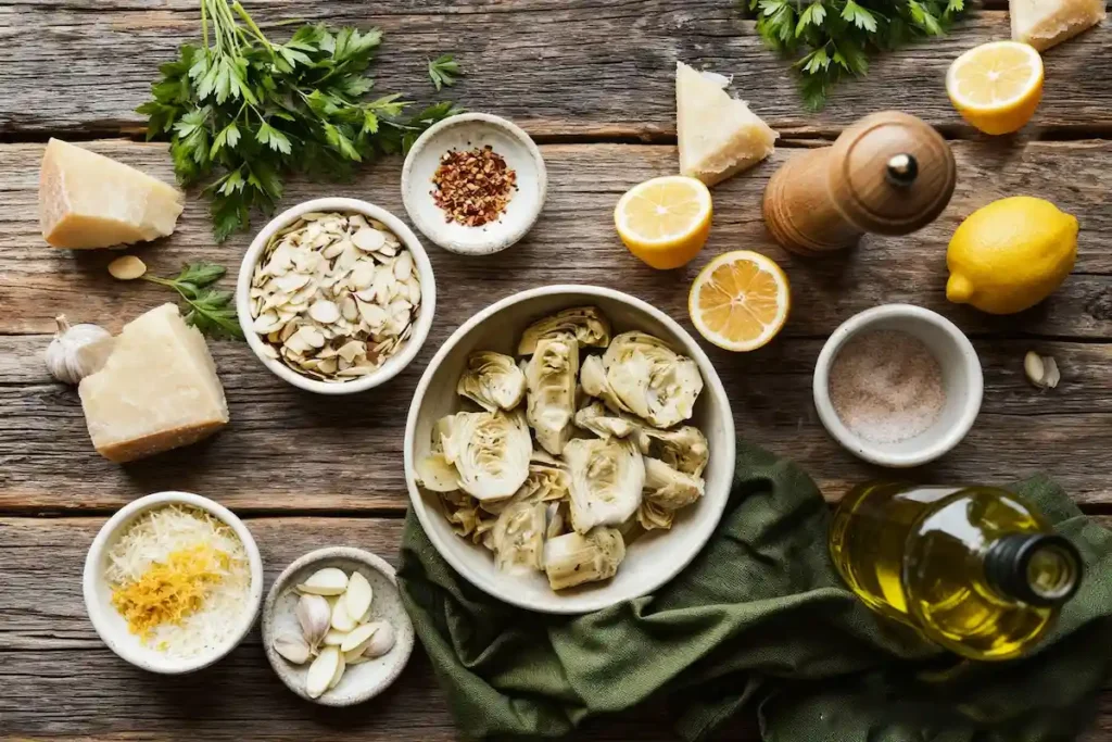 Lemon Artichoke Pesto: A Bright, Zesty Pesto Recipe That Goes Beyond Basil 6 Lemon Artichoke Pesto ingredients: artichoke hearts, shaved almonds, Parmesan cheese, parsley, garlic, lemon, olive oil, and spices arranged on a wooden surface.