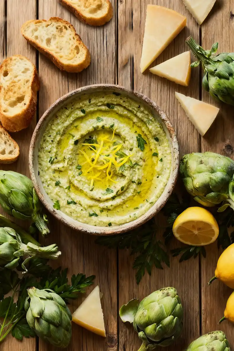 Lemon Artichoke Pesto: A Bright, Zesty Pesto Recipe That Goes Beyond Basil 4 Lemon artichoke pesto in a rustic bowl, topped with lemon zest, surrounded by artichokes, lemon halves, Parmesan cheese, parsley, and crostini.