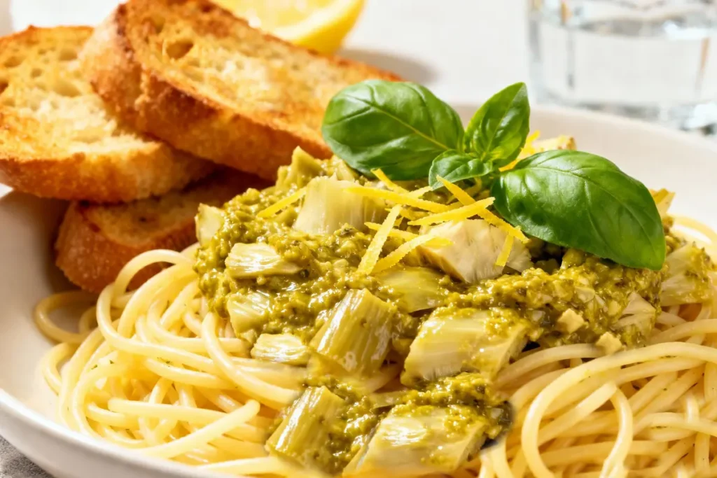 Lemon Artichoke Pesto: A Bright, Zesty Pesto Recipe That Goes Beyond Basil 7 Spaghetti with Lemon Artichoke Pesto, topped with artichoke hearts, lemon zest, and fresh basil, served with toasted crostini.