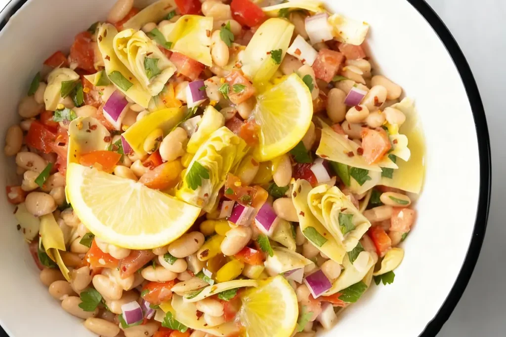 Mediterranean Artichoke and Bean Salad 7 Mediterranean artichoke and bean salad with lemon wedges, red onions, tomatoes, parsley, and olive oil dressing in a white enamel bowl.