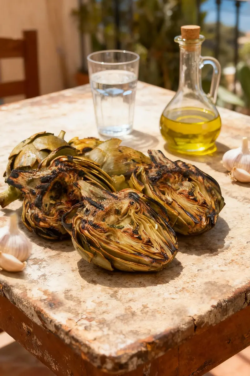Spanish Artichoke – A Delicious Tradition of Taste, Varieties & Classic Preparation 4 Grilled Spanish artichokes on rustic table with olive oil and garlic