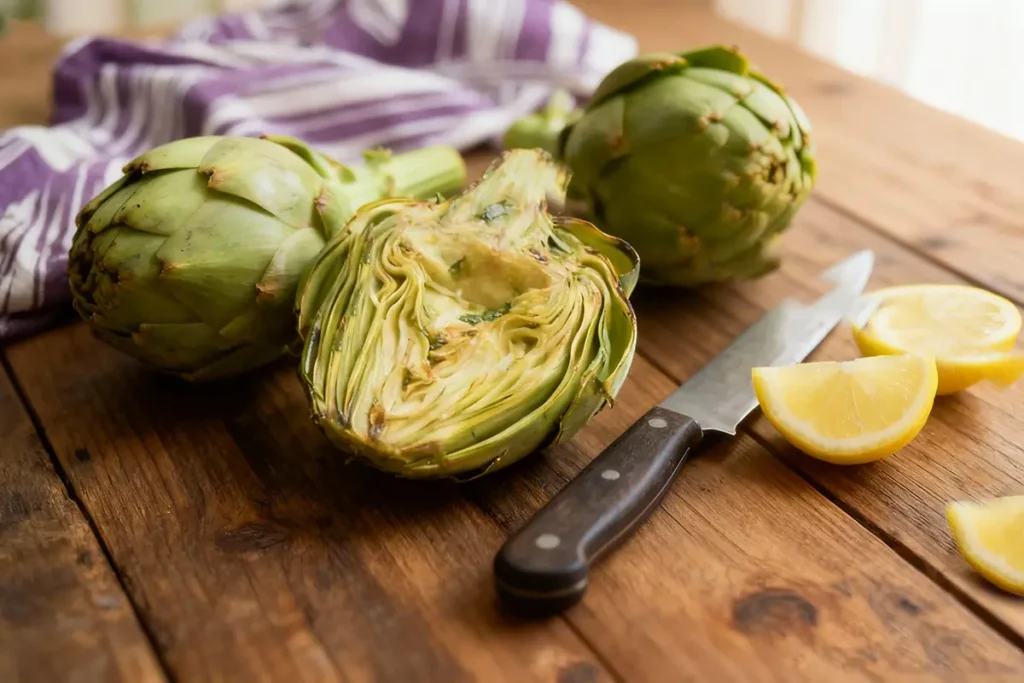 Spanish Artichoke – A Delicious Tradition of Taste, Varieties & Classic Preparation 6 Fresh Spanish artichokes with lemon and knife on wooden table