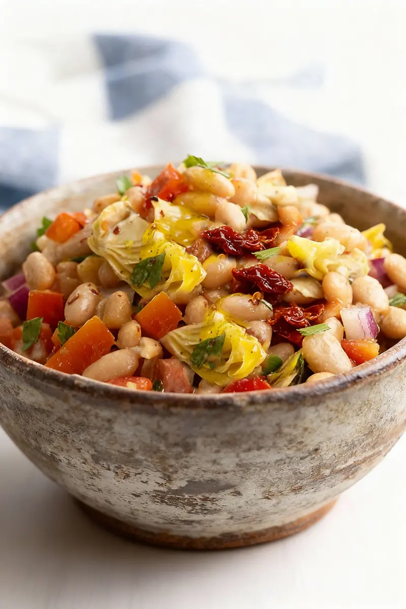 Mediterranean Artichoke and Bean Salad 4 Artichoke and bean salad with cherry tomatoes, sun-dried tomatoes, red onions, and fresh herbs served in a rustic ceramic bowl.