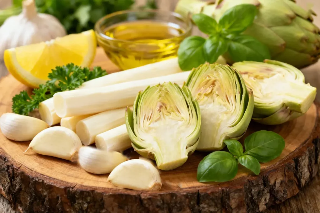 Artichoke and Hearts of Palm Salad: The Ultimate Recipe for a Refreshing, Elegant Side 6 Artichoke and hearts of palm salad ingredients including fresh artichokes, hearts of palm, garlic cloves, lemon wedge, olive oil, and fresh basil, on a rustic wooden board.