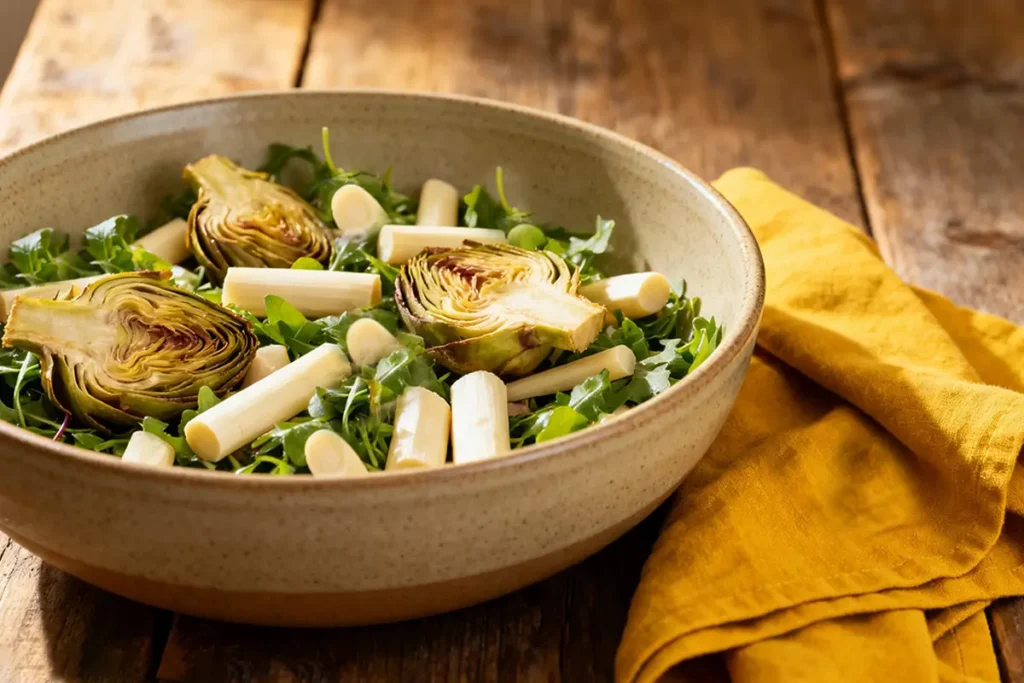 Artichoke and Hearts of Palm Salad: The Ultimate Recipe for a Refreshing, Elegant Side 7 Artichoke and hearts of palm salad step-by-step assembly in a rustic ceramic bowl with fresh greens on wooden table.