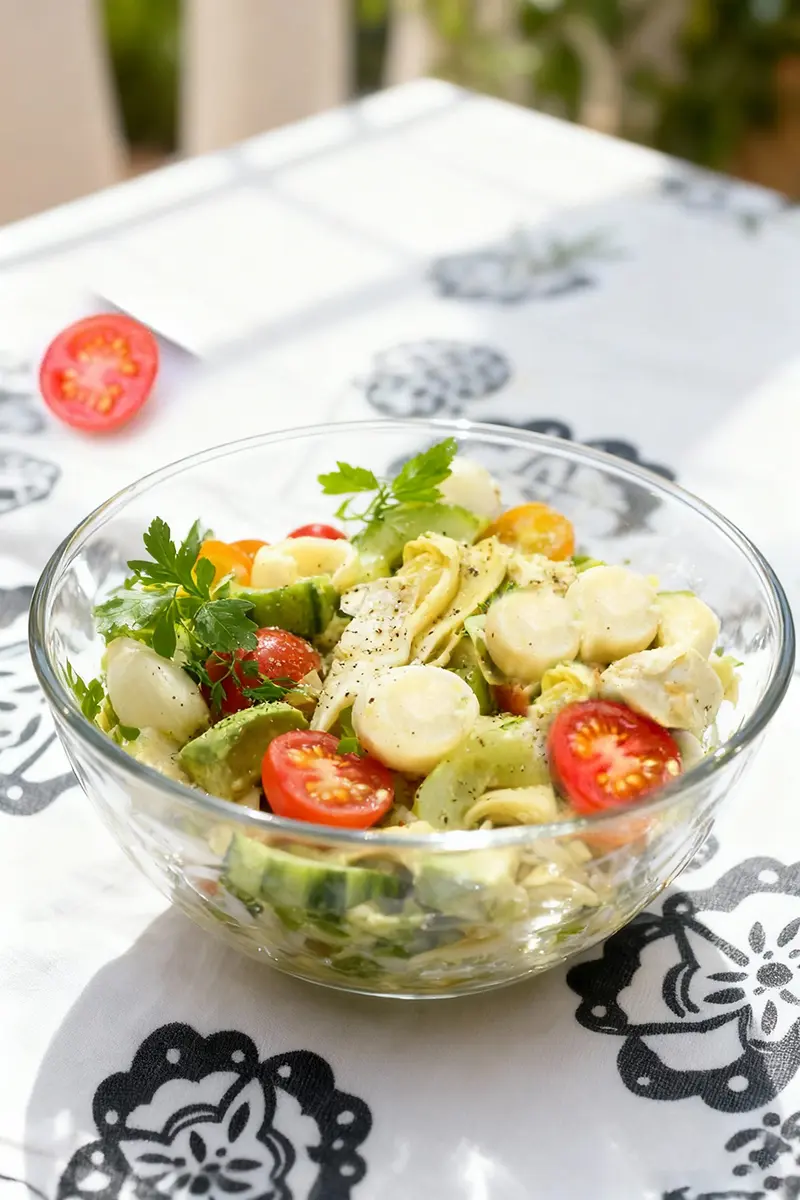 Artichoke and Hearts of Palm Salad: The Ultimate Recipe for a Refreshing, Elegant Side 4 Artichoke and hearts of palm salad with cherry tomatoes and parsley, served in a clear glass bowl on a Mediterranean tablecloth.