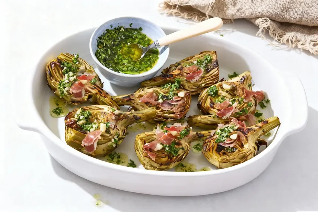 Spanish Artichoke – A Delicious Tradition of Taste, Varieties & Classic Preparation 7 Spanish artichokes with jamón and garlic herb sauce in white serving dish