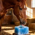 Horse licking blue salt block in stable — blue salt for horses hydration and mineral balance