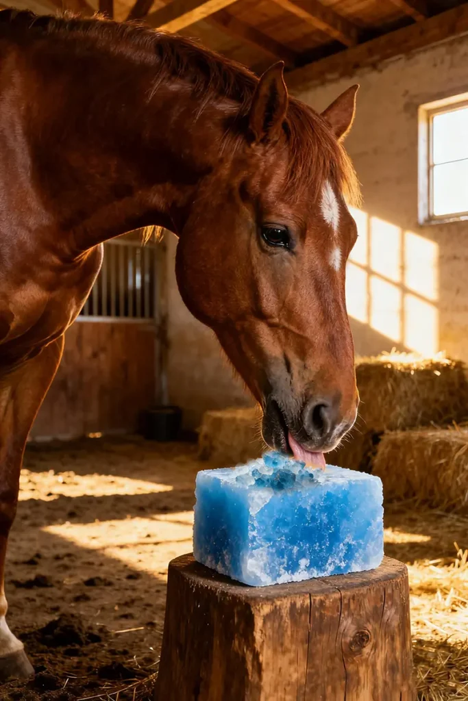 Horse licking blue salt block in stable — blue salt for horses hydration and mineral balance