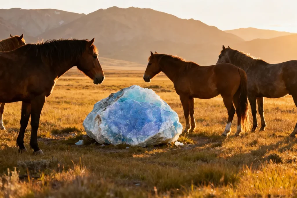 Blue Salt for Horses: An Ancient Mineral With Modern Equine Benefits 7 Wild horses surrounding a giant blue salt mineral rock in a field at sunset