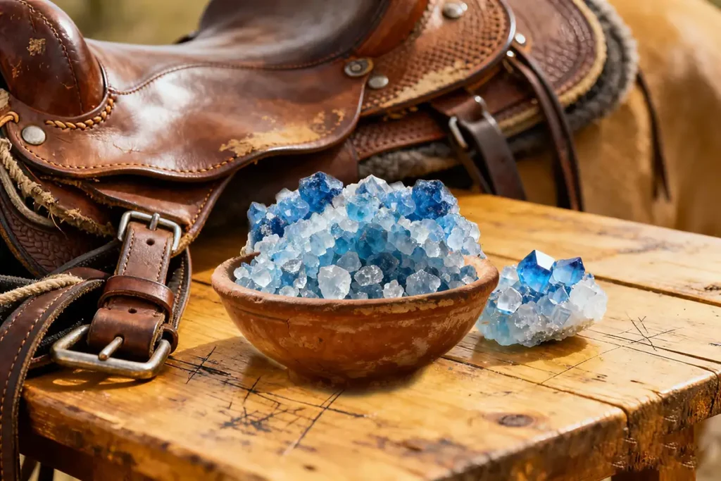 Blue Salt for Horses: An Ancient Mineral With Modern Equine Benefits 6 Crushed blue salt crystals for horses in a clay bowl beside a leather saddle on wooden table