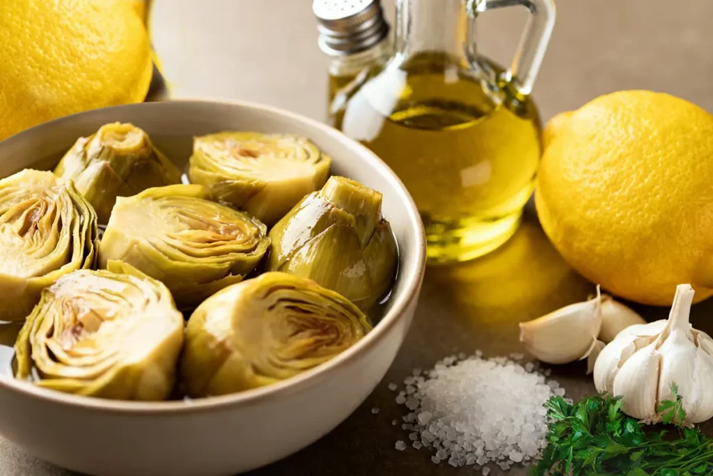 Canned Artichoke Hearts: The Ultimate Guide (Recipes, Nutrition & Cooking Tips) 6 Canned artichoke hearts in bowl with garlic, lemon, olive oil, and salt