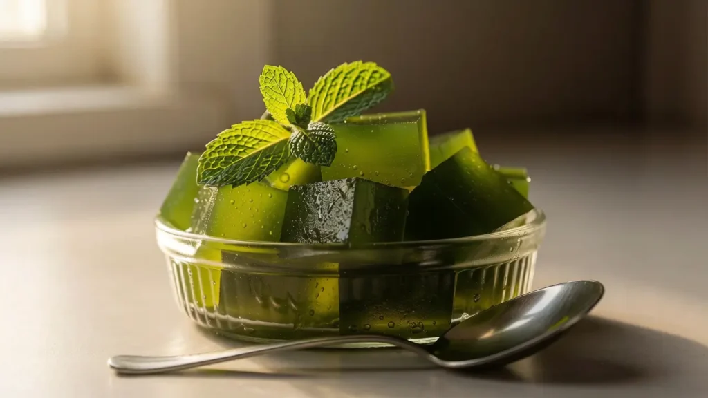 Gelatin Weight Loss Recipe served in a glass bowl with fresh mint leaves on top.