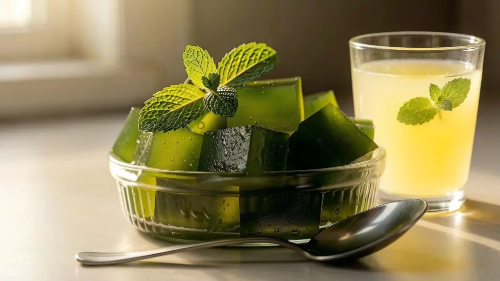 Translucent green tea gelatin cubes in glass bowl with fresh mint, spoon beside dish, natural lighting, no artificial ingredients