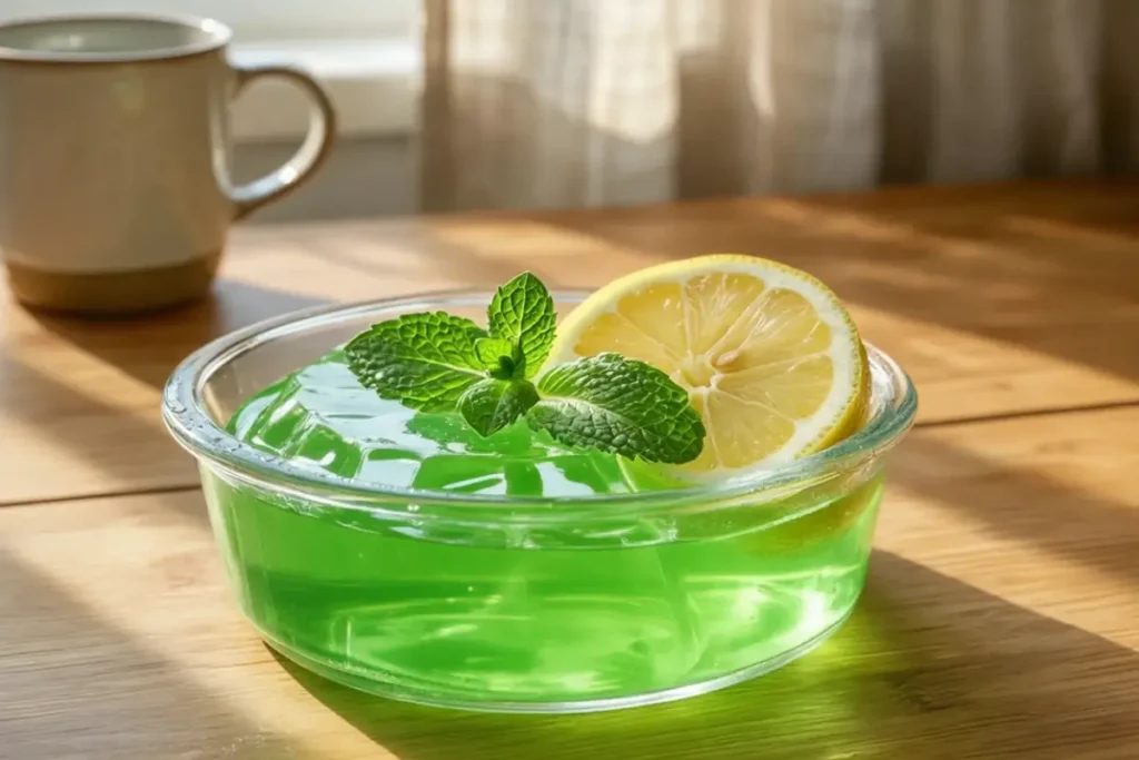 A gelatin weight loss recipe served in a glass bowl with a lemon slice and fresh mint on a wooden table.