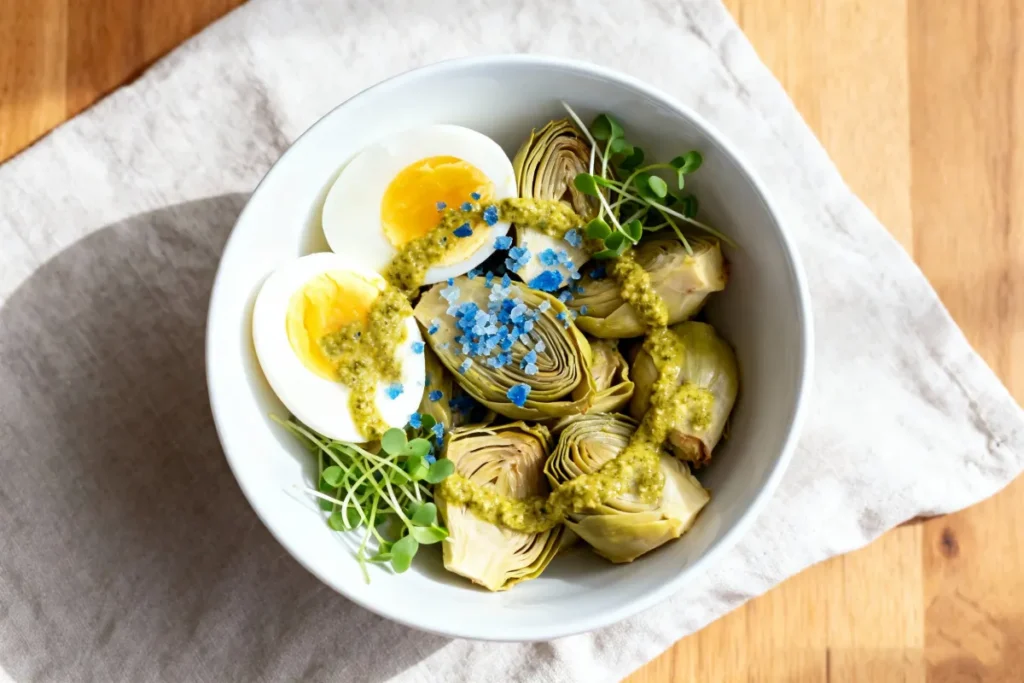 Mounjaro breakfast artichoke and egg bowl with blue salt and pesto for gut health and high protein intake.