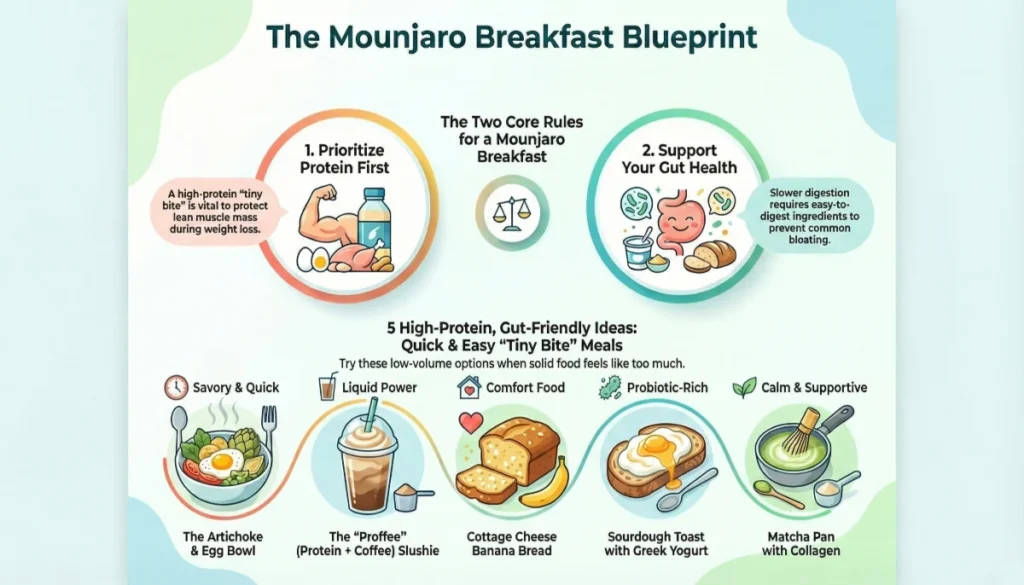 Mounjaro breakfast blueprint infographic showing five high-protein, gut-friendly meals
