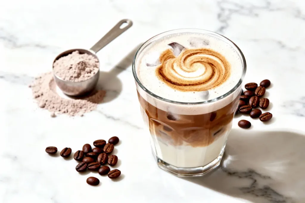 Mounjaro breakfast Proffee with protein powder and iced coffee for high-protein, low-appetite mornings.