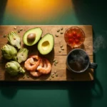 21-Day Cleanse real food essentials. flat lay: artichoke hearts, shrimp, avocado halves, tart cherry gelatin and steaming herbal tea on wooden board with golden spotlight on dark green background