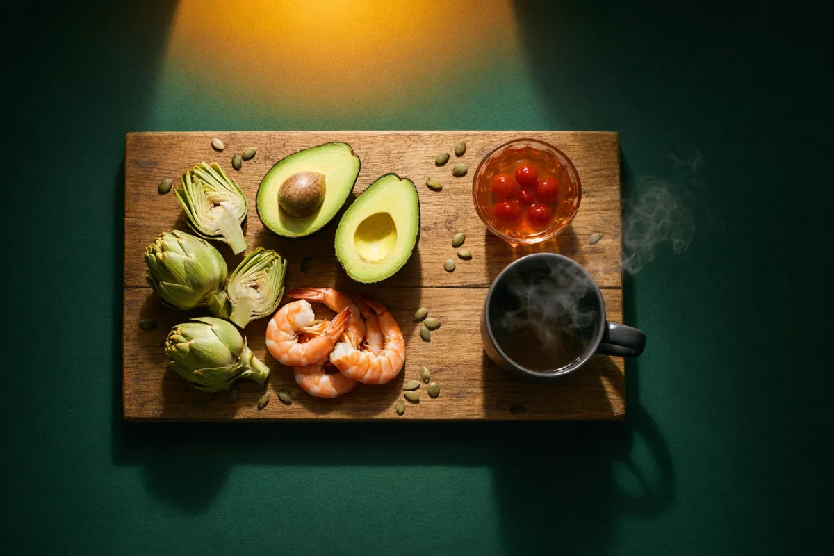 21-Day Cleanse real food essentials. flat lay: artichoke hearts, shrimp, avocado halves, tart cherry gelatin and steaming herbal tea on wooden board with golden spotlight on dark green background