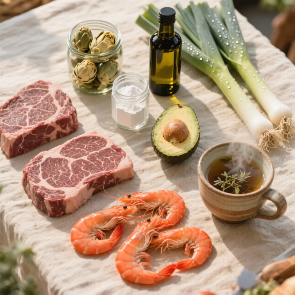 21-Day Cleanse shopping list essentials: grass-fed beef steaks, Argentine red shrimp, jarred artichoke hearts, olive oil, avocado, fresh leeks and steaming herbal tea on linen surface