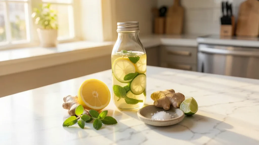 Brazilian weight loss drinks: glass bottle with lemon slices, mint leaves, and ginger in clear liquid on marble countertop