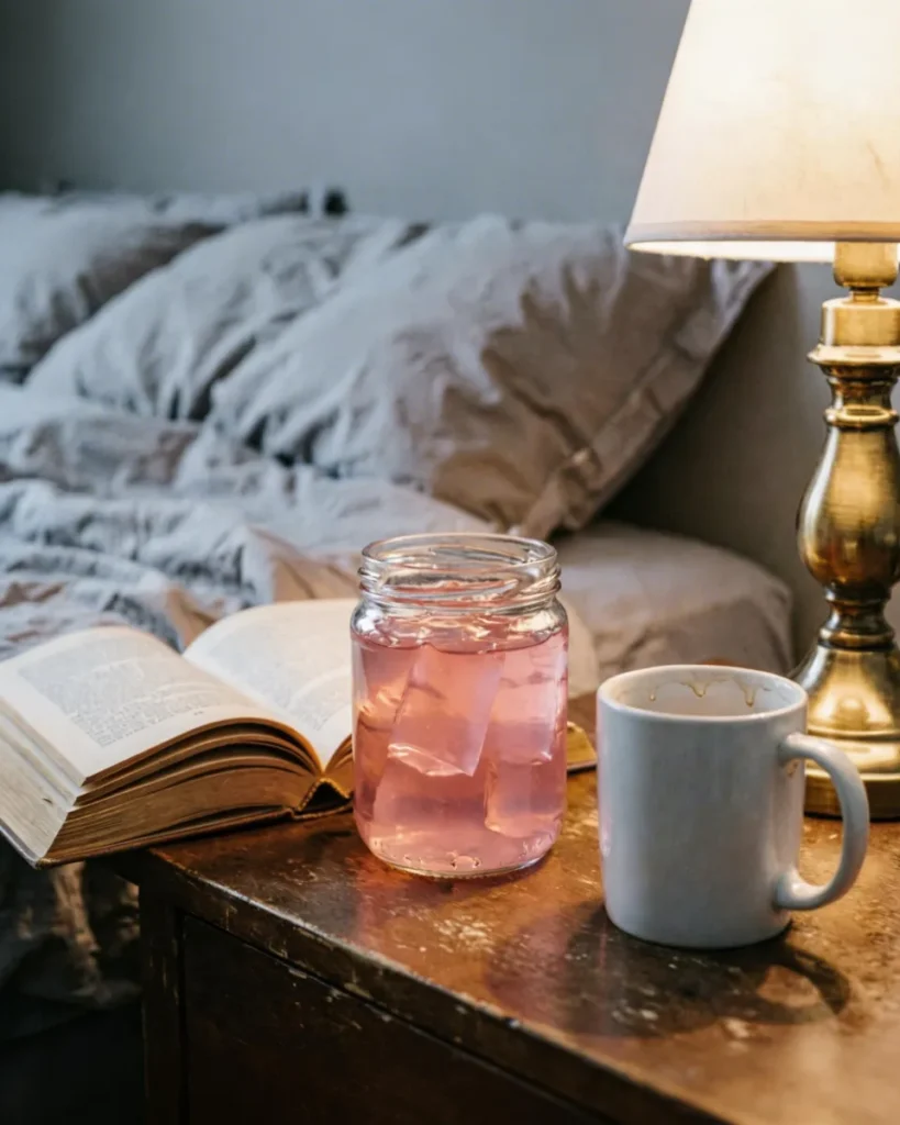 Dr. Oz pink gelatin recipe in glass jar on nightstand with book and lamp for nighttime satiety support