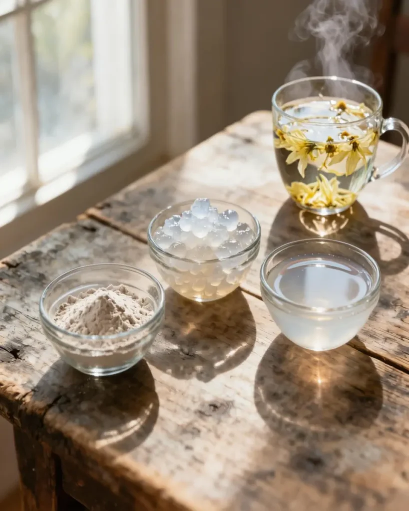 Dr. Oz pink gelatin recipe ingredients: gelatin powder, tapioca pearls, and hibiscus tea on wooden table