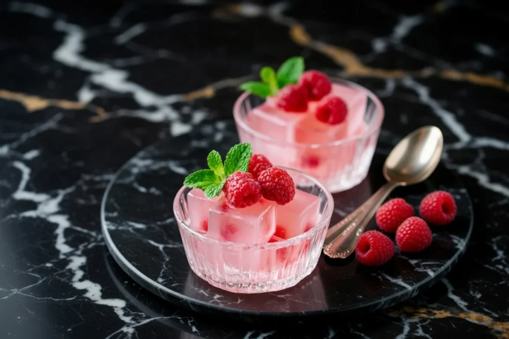 Dr. Oz pink gelatin recipe in glass bowls with fresh raspberries and mint on black marble surface