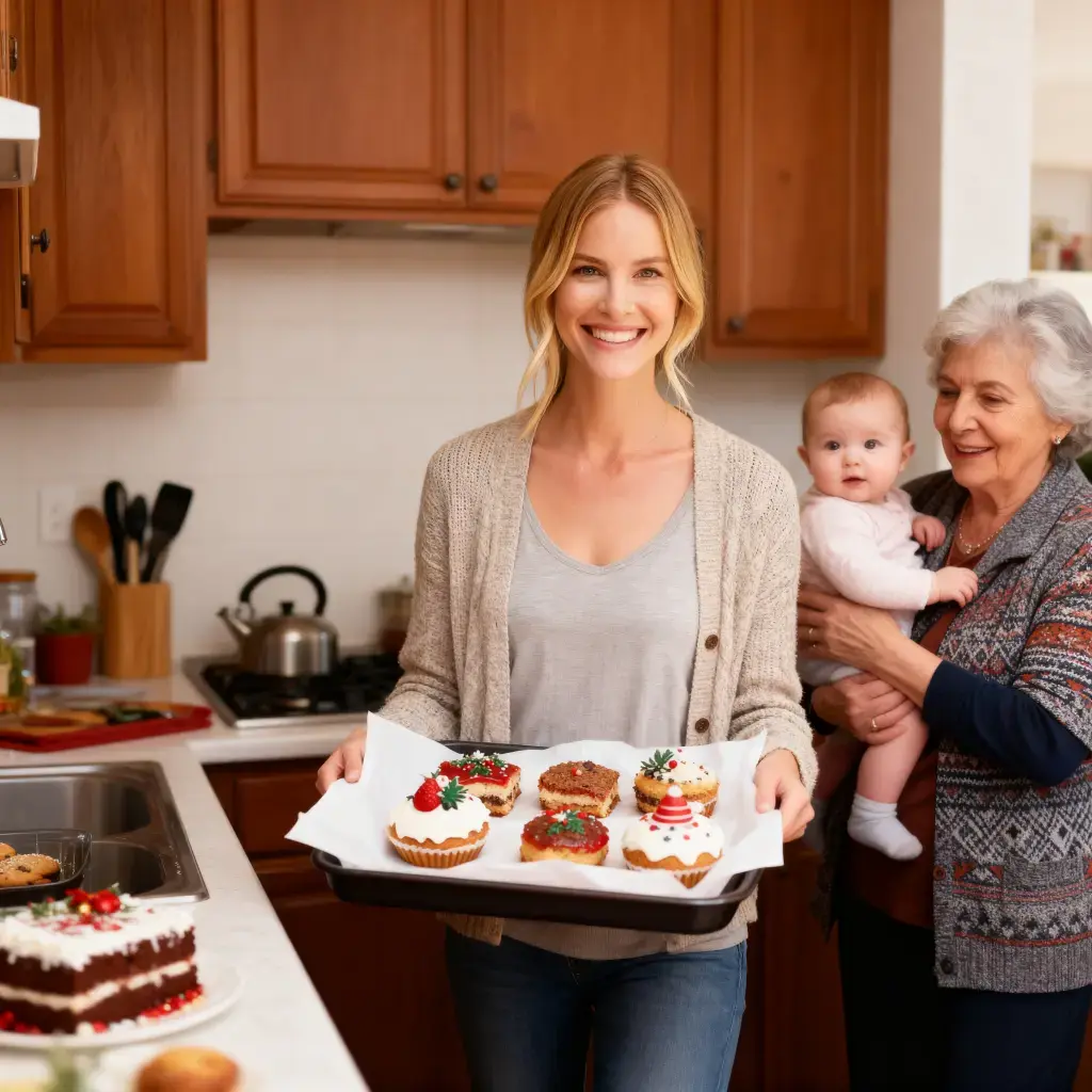 Emily holding a tray of decorated holiday cupcakes in a warm kitchen, with her grandmother holding a baby in the background.