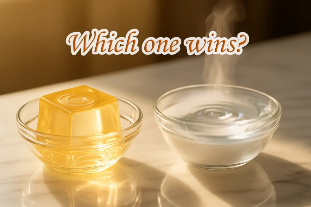 Gelatin vs. Collagen for Weight Loss: firm golden gelatin cube next to dissolved collagen in water