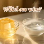 Gelatin vs. Collagen for Weight Loss: firm golden gelatin cube next to dissolved collagen in water