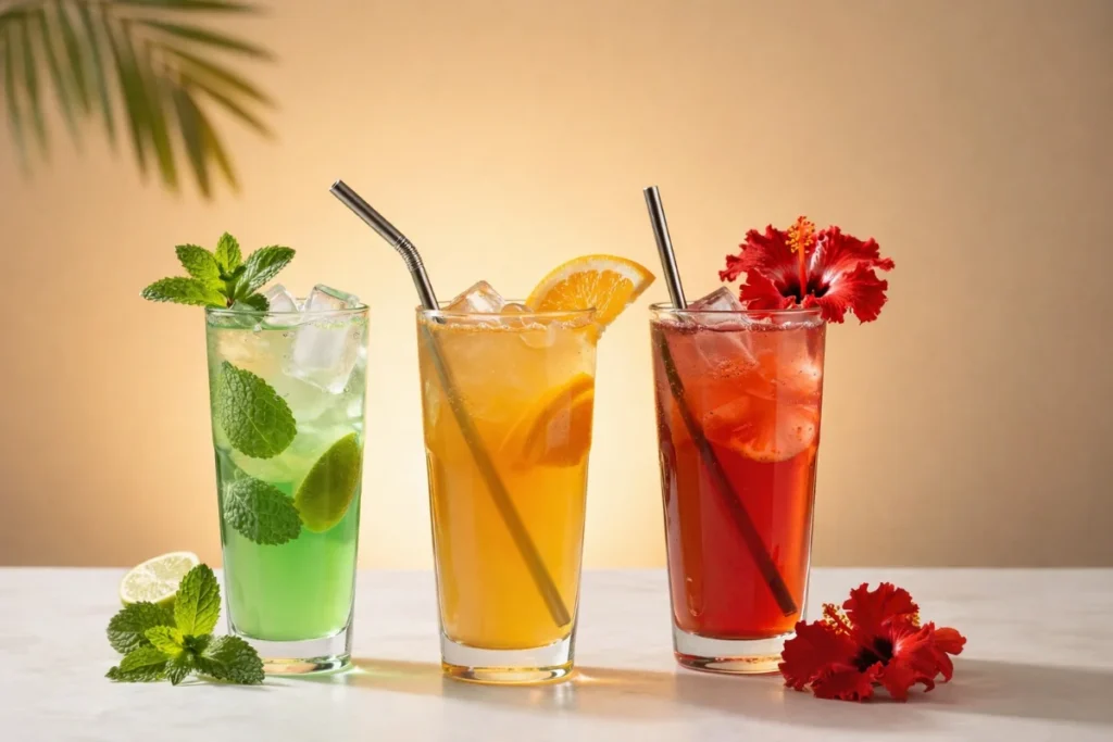 Three functional Brazilian weight loss drinks: mint lime beverage, orange citrus drink, and hibiscus flower-infused red beverage in tall glasses