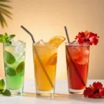 Three functional Brazilian weight loss drinks: mint lime beverage, orange citrus drink, and hibiscus flower-infused red beverage in tall glasses
