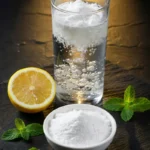 Baking soda trick preparation with fizzing glass of water, halved lemon, white bowl of baking soda powder and fresh mint leaves on dark slate surface