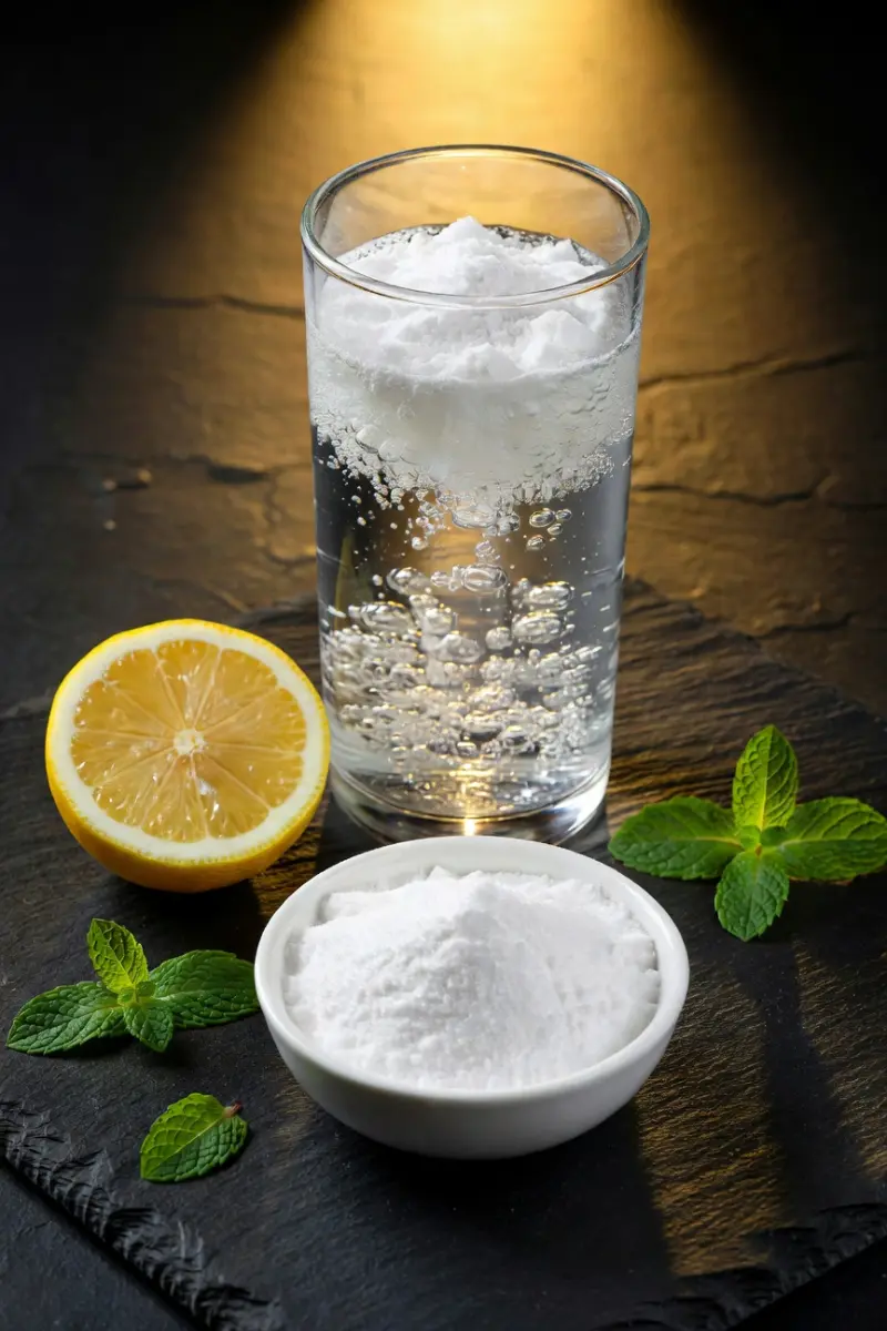 Baking soda trick preparation with fizzing glass of water, halved lemon, white bowl of baking soda powder and fresh mint leaves on dark slate surface