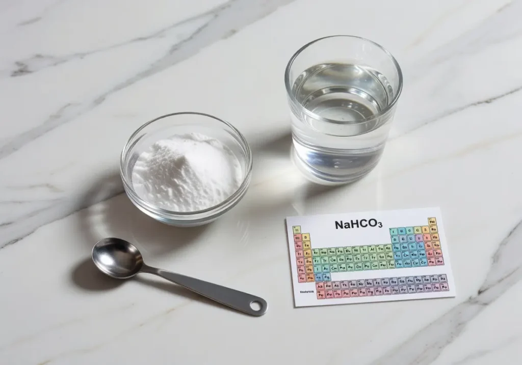 Baking soda trick science flat lay showing sodium bicarbonate powder in glass bowl, measuring spoon, glass of water and NaHCO₃ periodic table card on white marble